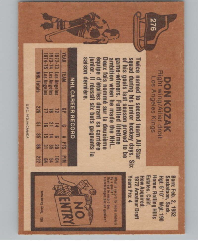 1975-76 O-Pee-Chee #276 Don Kozak Hockey Los Angeles Kings V103988 Image 2