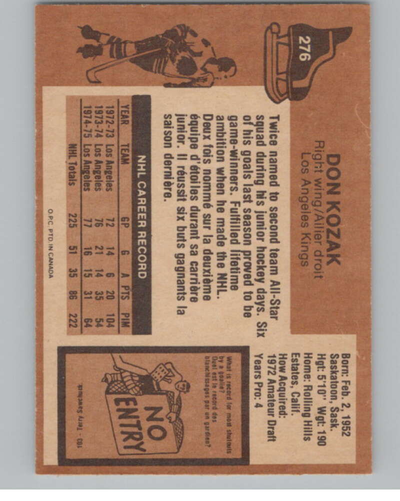 1975-76 O-Pee-Chee #276 Don Kozak Hockey Los Angeles Kings V103989 Image 2