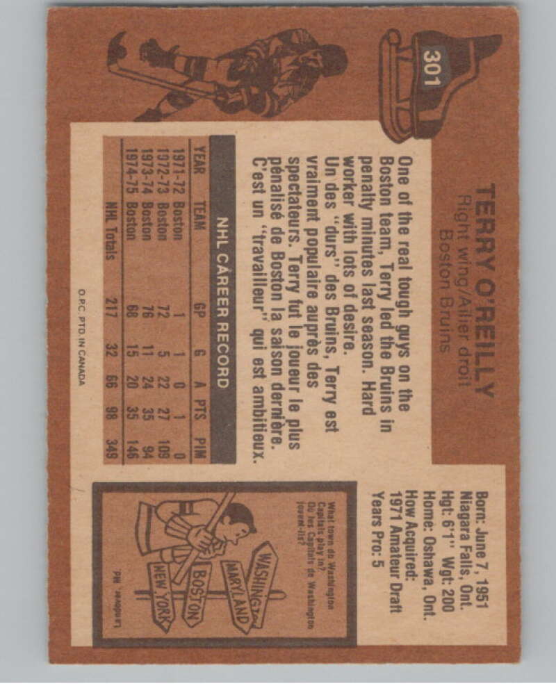 1975-76 O-Pee-Chee #301 Terry O'Reilly Hockey Boston Bruins V103995 Image 2
