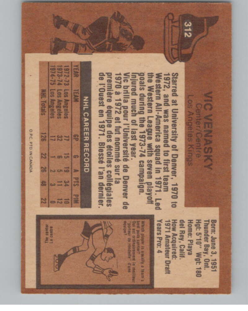 1975-76 O-Pee-Chee #312 Vic Venasky Hockey Los Angeles Kings V104000 Image 2