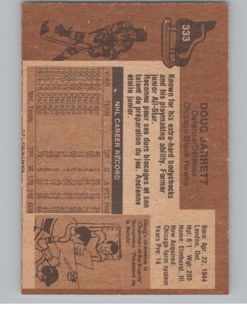 1975-76 O-Pee-Chee #333 Doug Jarrett Hockey Chicago Blackhawks V104018 Image 2