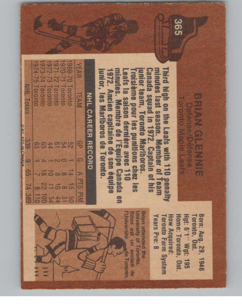 1975-76 O-Pee-Chee #365 Brian Glennie Hockey Toronto Maple Leafs V104030 Image 2