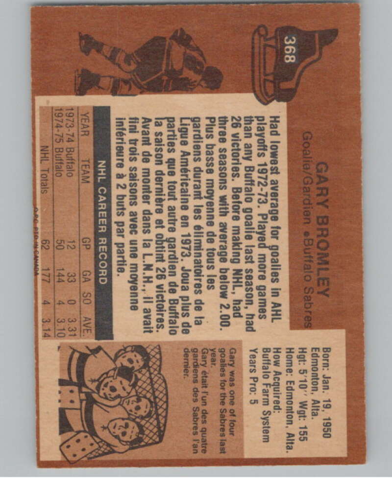 1975-76 O-Pee-Chee #368 Gary Bromley Hockey Buffalo Sabres V104032 Image 2