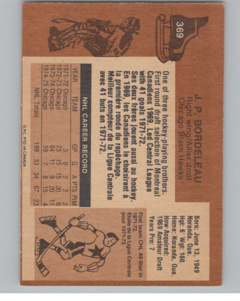 1975-76 O-Pee-Chee #369 J.P. Bordeleau Hockey Chicago Blackhawks V104033 Image 2