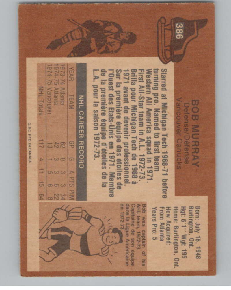 1975-76 O-Pee-Chee #386 Bob Murray Hockey Vancouver Canucks V104037 Image 2
