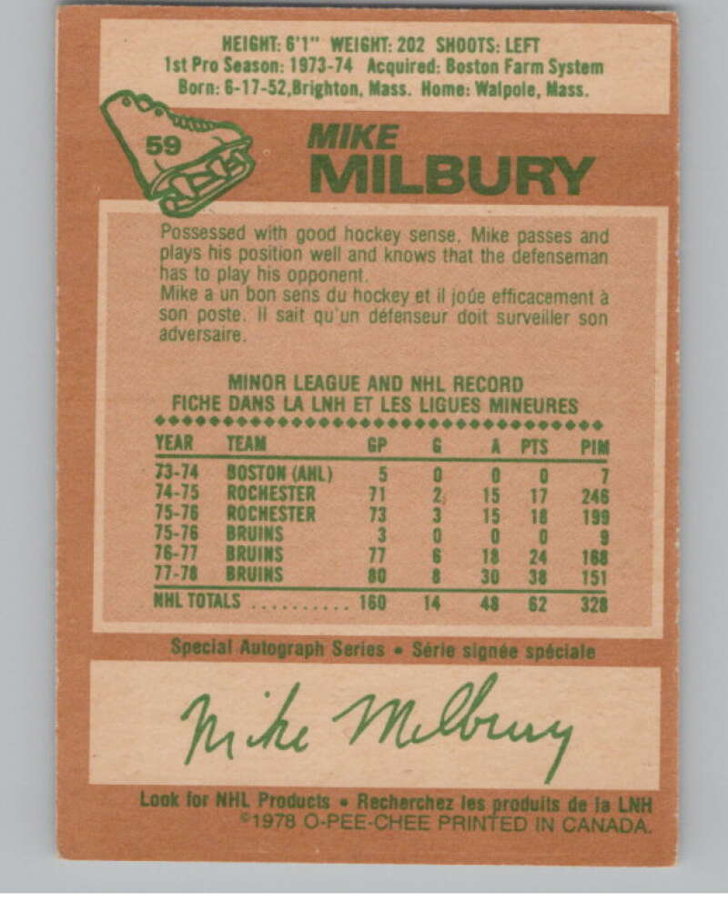 1978-79 O-Pee-Chee #59 Mike Milbury Hockey Boston Bruins V104049 Image 2