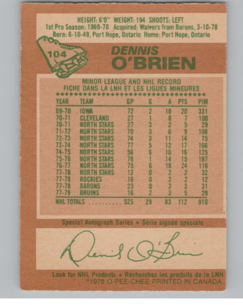 1978-79 O-Pee-Chee #104 Dennis O'Brien Hockey Boston Bruins V104059 Image 2
