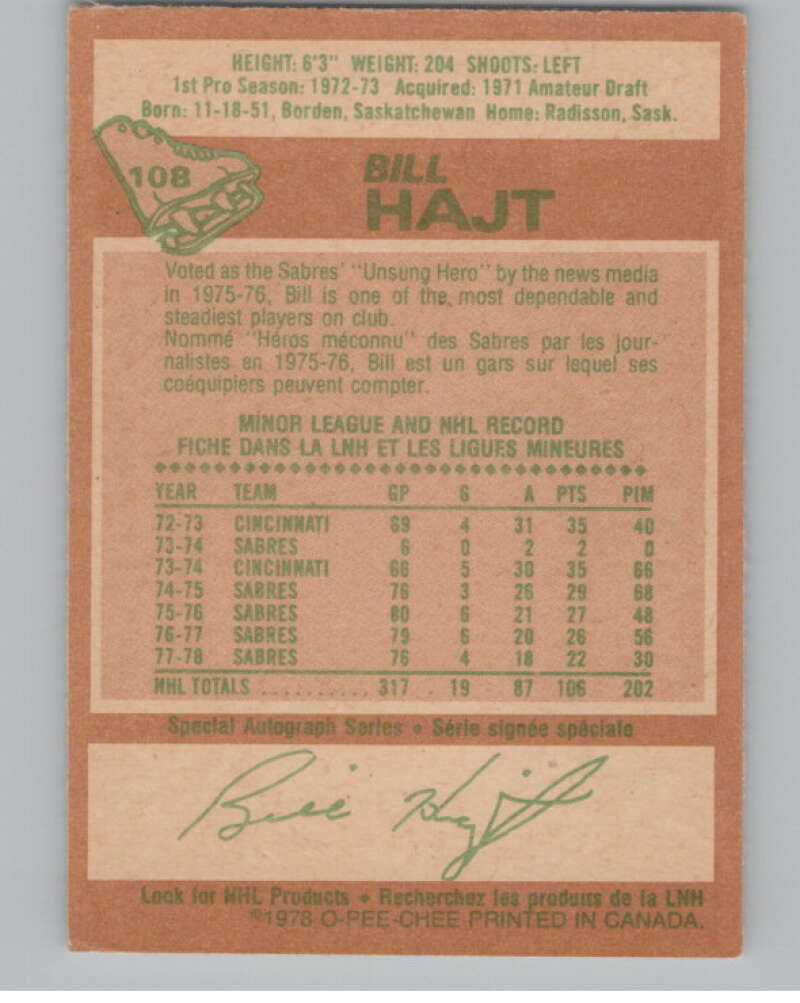 1978-79 O-Pee-Chee #108 Bill Hajt Hockey Buffalo Sabres V104060 Image 2