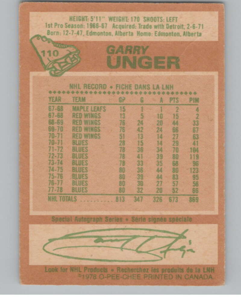 1978-79 O-Pee-Chee #110 Garry Unger Hockey St. Louis Blues V104061 Image 2