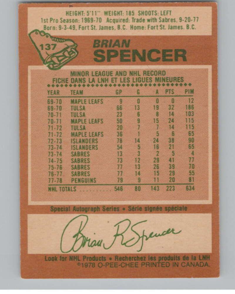 1978-79 O-Pee-Chee #137 Brian Spencer Hockey Pittsburgh Penguins V104067 Image 2