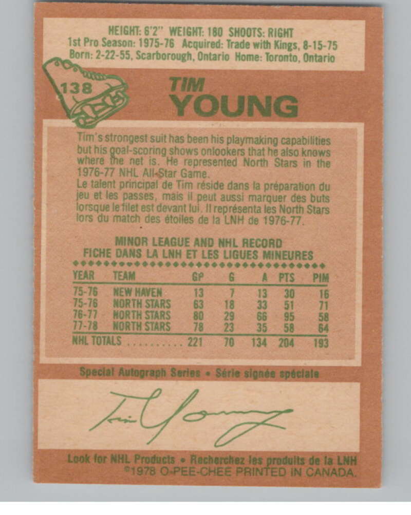 1978-79 O-Pee-Chee #138 Tim Young Hockey Minnesota North Stars V104068 Image 2