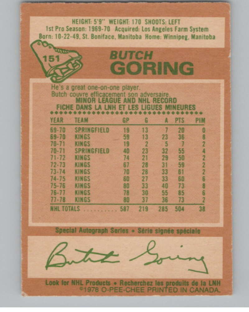 1978-79 O-Pee-Chee #151 Butch Goring Hockey Los Angeles Kings V104074 Image 2