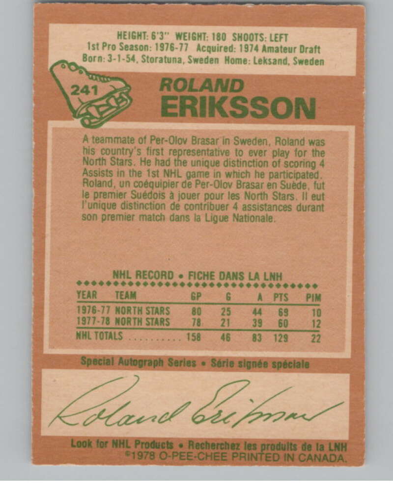 1978-79 O-Pee-Chee #241 Roland Eriksson Hockey Vancouver Canucks V104090 Image 2