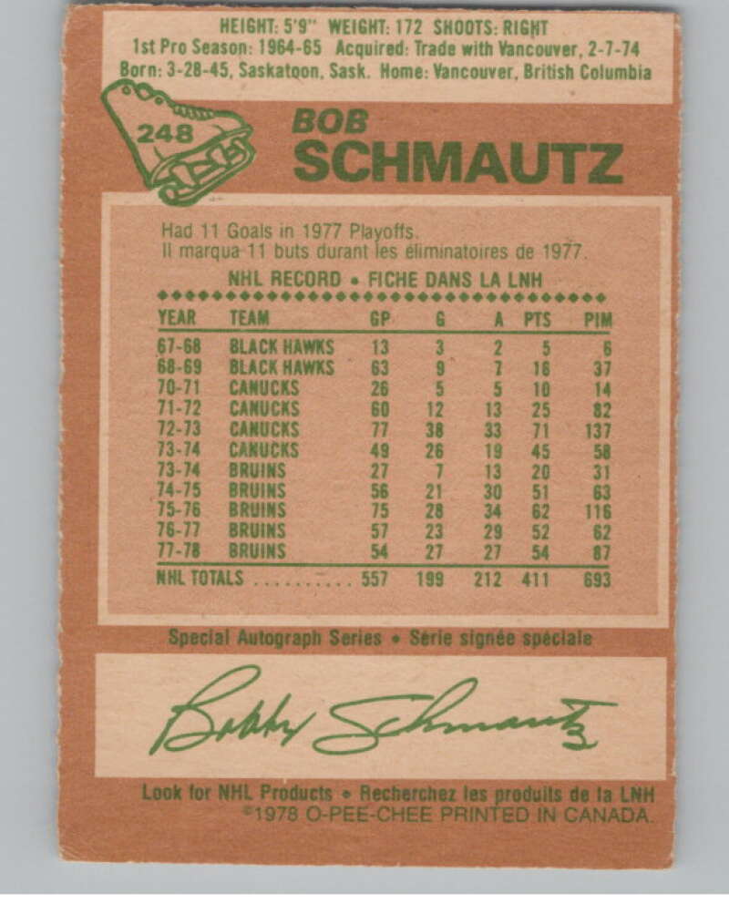 1978-79 O-Pee-Chee #248 Bobby Schmautz Hockey Boston Bruins V104094 Image 2