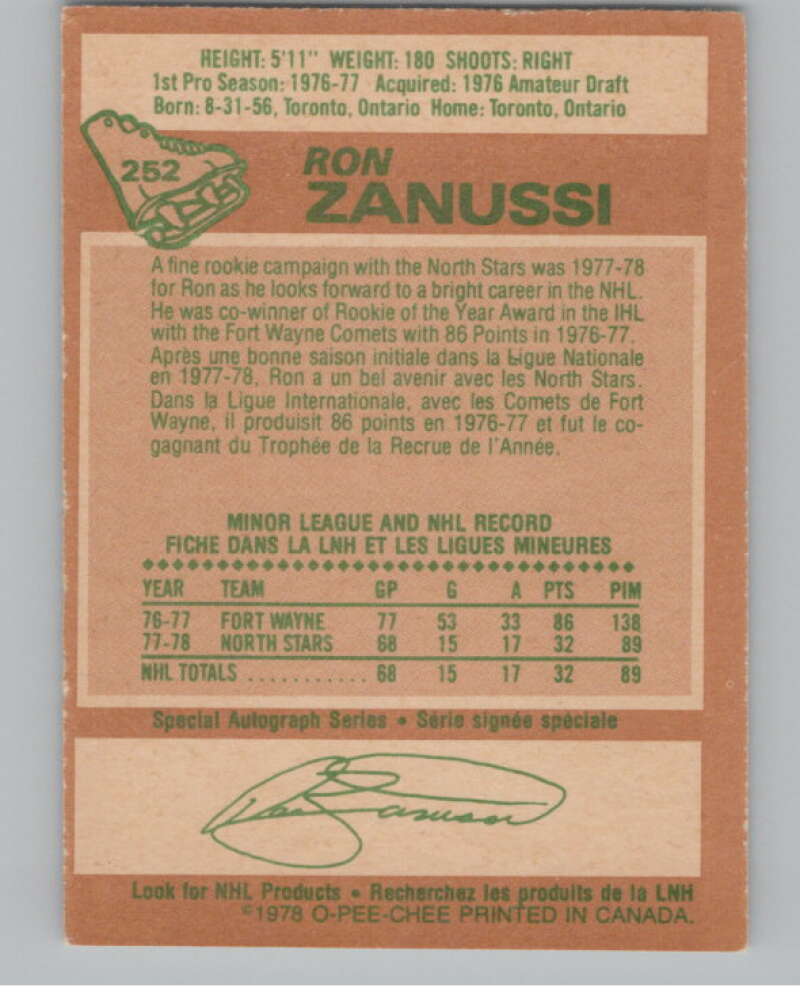 1978-79 O-Pee-Chee #252 Ron Zanussi Hockey RC Rookie North Stars V104095 Image 2