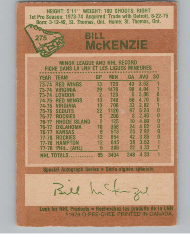 1978-79 O-Pee-Chee #275 Bill McKenzie Hockey Colorado Rockies V104100 Image 2
