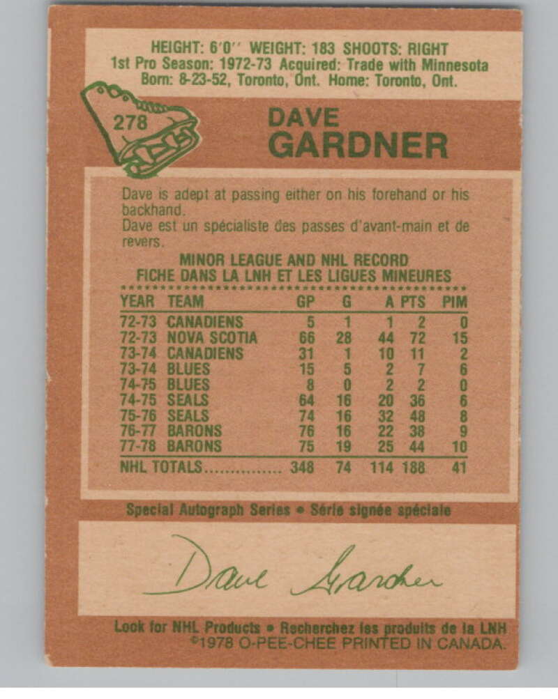 1978-79 O-Pee-Chee #278 Dave Gardner Hockey Los Angeles Kings V104102 Image 2