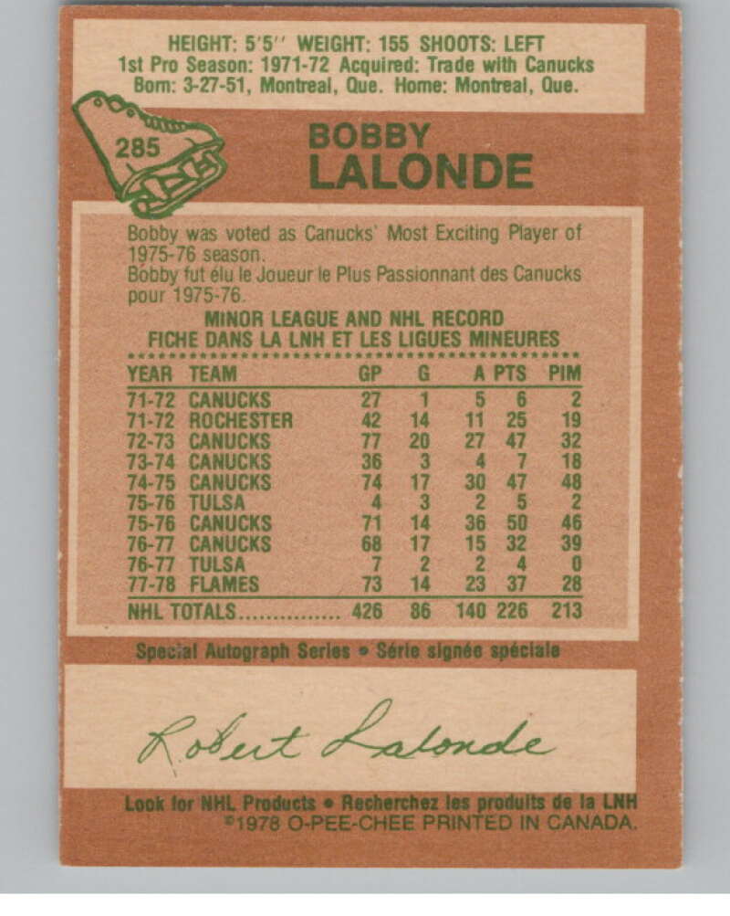 1978-79 O-Pee-Chee #285 Bobby Lalonde Hockey Atlanta Flames V104103 Image 2
