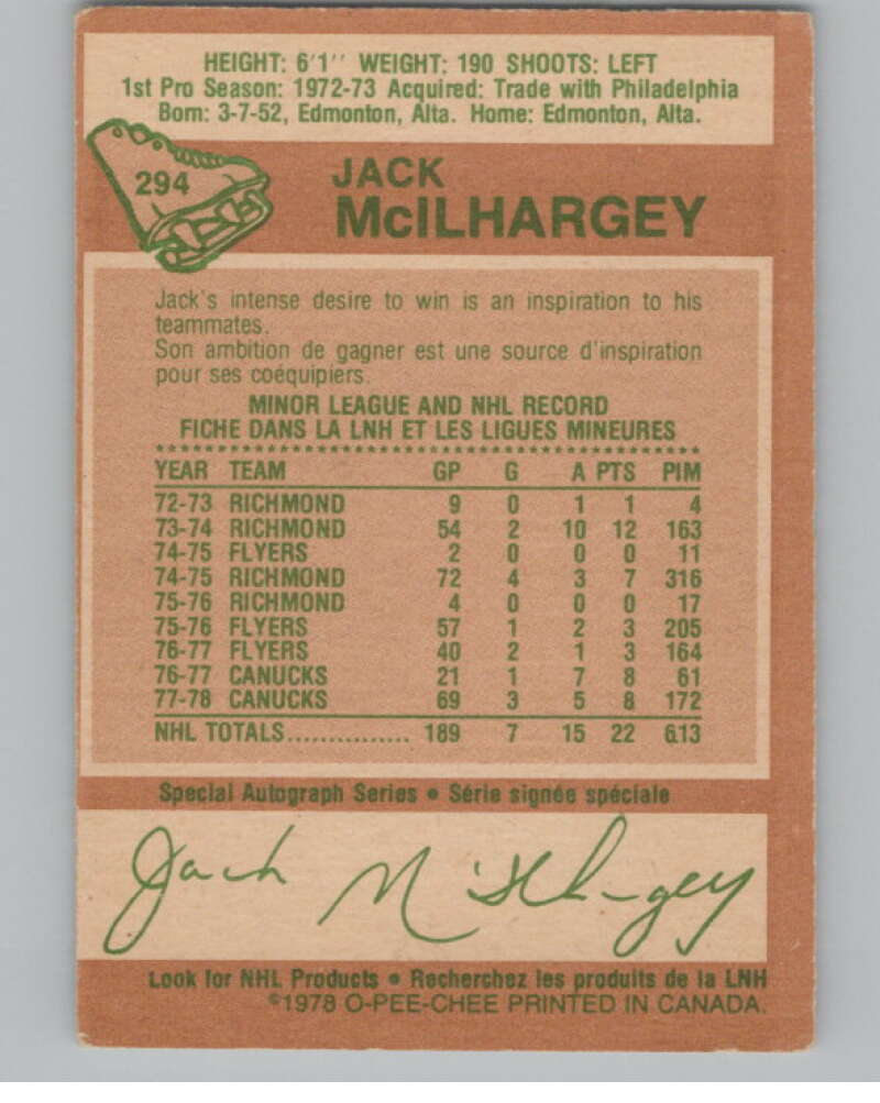 1978-79 O-Pee-Chee #294 Jack McIlhargey Hockey RC Rookie Canucks V104108 Image 2