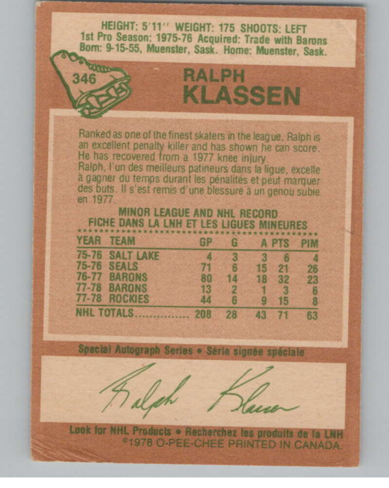 1978-79 O-Pee-Chee #346 Ralph Klassen Hockey Colorado Rockies V104118 Image 2