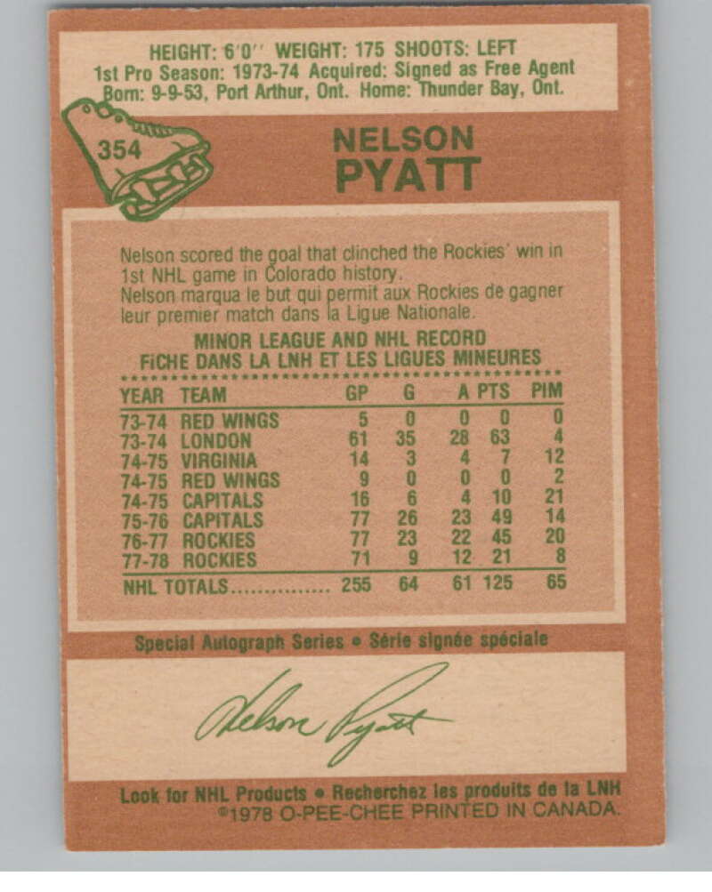1978-79 O-Pee-Chee #354 Nelson Pyatt Hockey Colorado Rockies V104121 Image 2