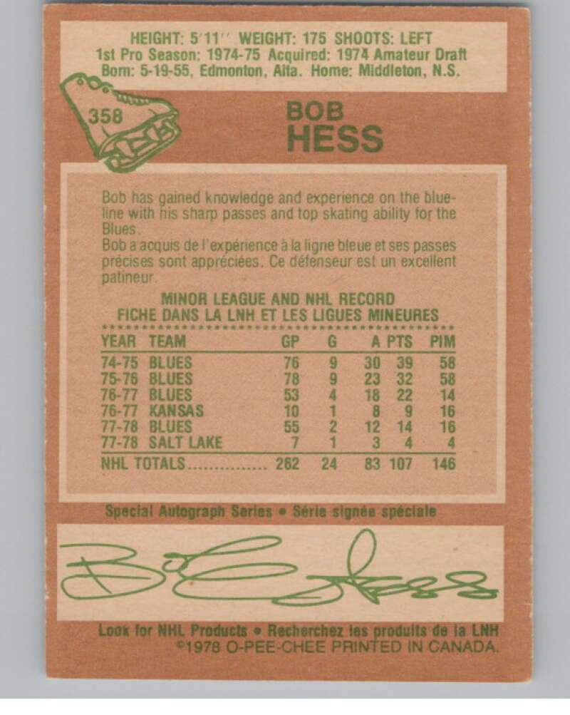 1978-79 O-Pee-Chee #358 Bob Hess Hockey St. Louis Blues V104123 Image 2