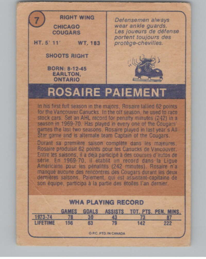 1974-75 O-Pee-Chee WHA #7 Rosaire Paiement Chicago Cougars V104134 Image 2