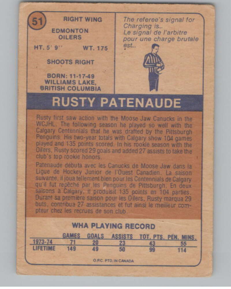 1974-75 O-Pee-Chee WHA #51 Rusty Patenaude RC Rookie Oilers V104141 Image 2