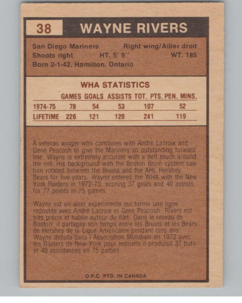 1975-76 O-Pee-Chee WHA #38 Wayne Rivers San Diego Mariners V104149 Image 2