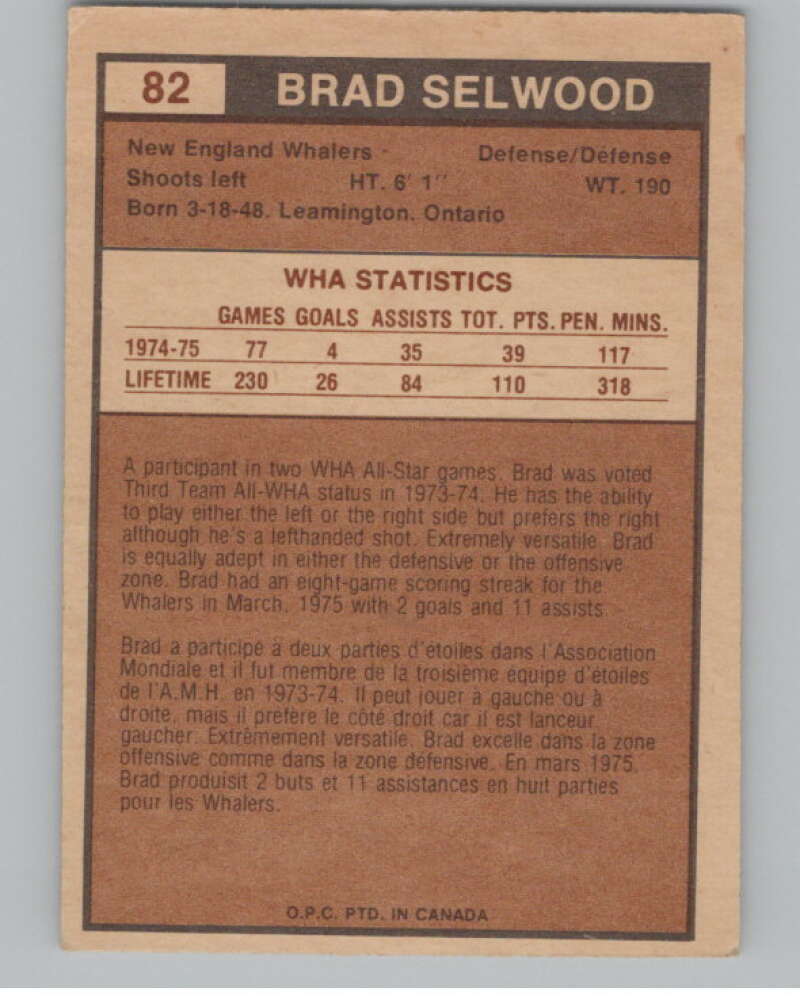 1975-76 O-Pee-Chee WHA #82 Brad Selwood RC Rookie Whalers V104153 Image 2