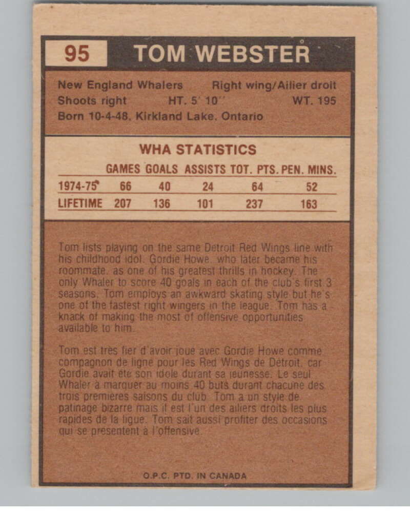 1975-76 O-Pee-Chee WHA #95 Tom Webster Whalers V104154 Image 2