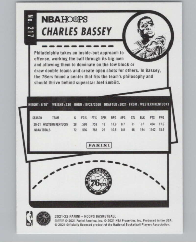 2021-22 Panini Hoops #217 Charles Bassey RC Rookie Philadelphia 76ers V104207 Image 2
