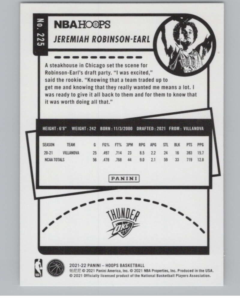 2021-22 Panini Hoops #225 Jeremiah Robinson-Earl RC Rookie Thunder V104208 Image 2