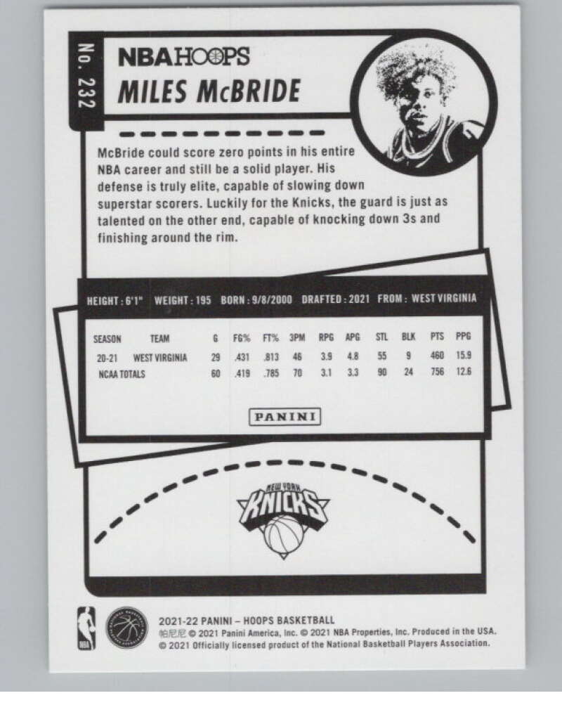 2021-22 Panini Hoops #232 Miles McBride RC Rookie New York Knicks V104210 Image 2