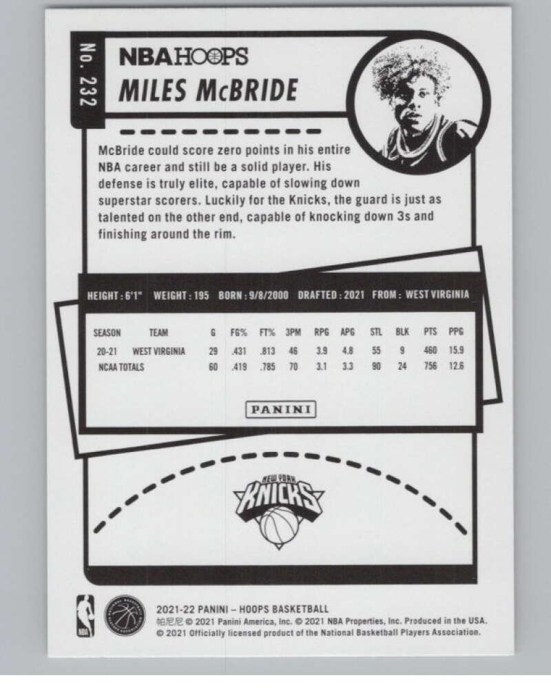 2021-22 Panini Hoops #232 Miles McBride RC Rookie New York Knicks V104212 Image 2