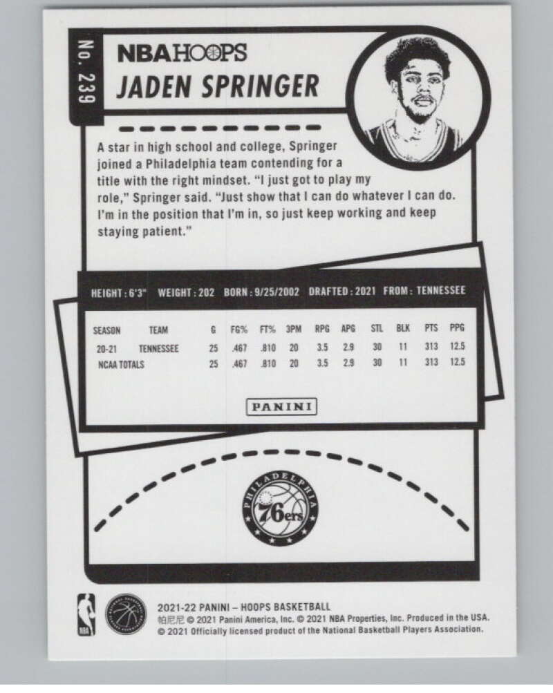 2021-22 Panini Hoops #239 Jaden Springer RC Rookie Philadelphia 76ers V104213 Image 2