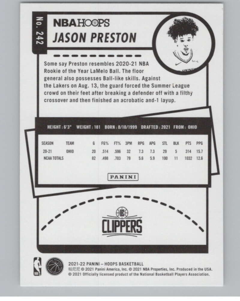 2021-22 Panini Hoops #242 Jason Preston RC Rookie Los Angeles Clippers V104214 Image 2