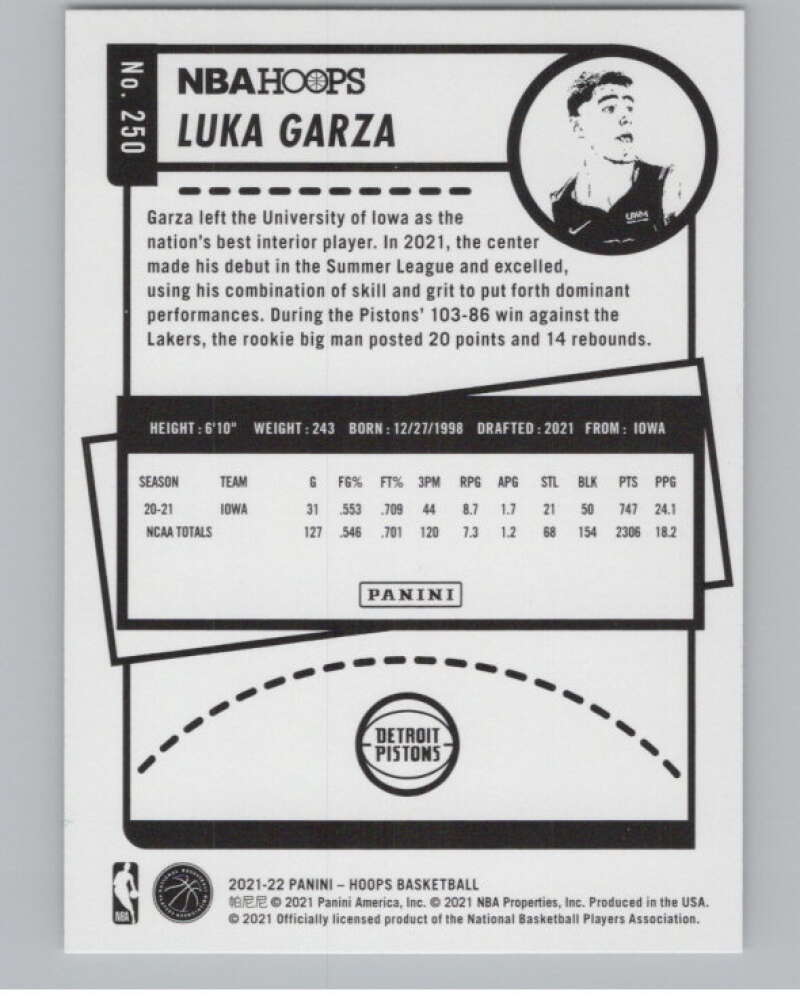 2021-22 Panini Hoops #250 Luka Garza RC Rookie Detroit Pistons V104218 Image 2