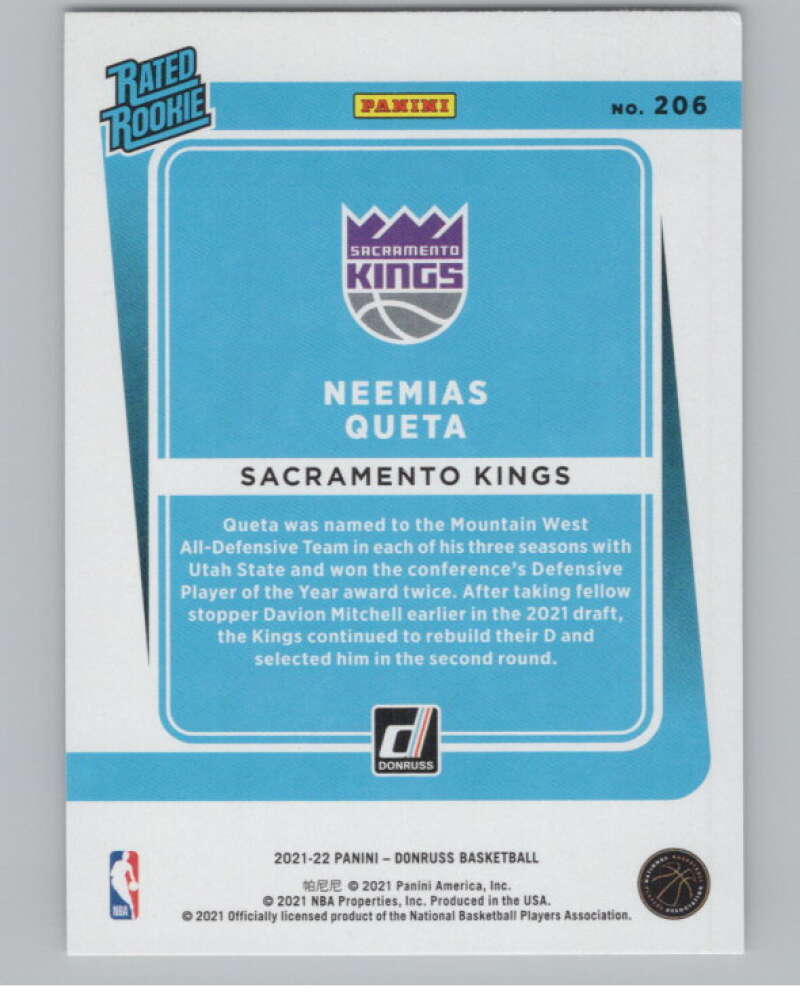 2021-22 Donruss #206 Neemias Queta Rated Rookies RC Rookie Kings V104237 Image 2