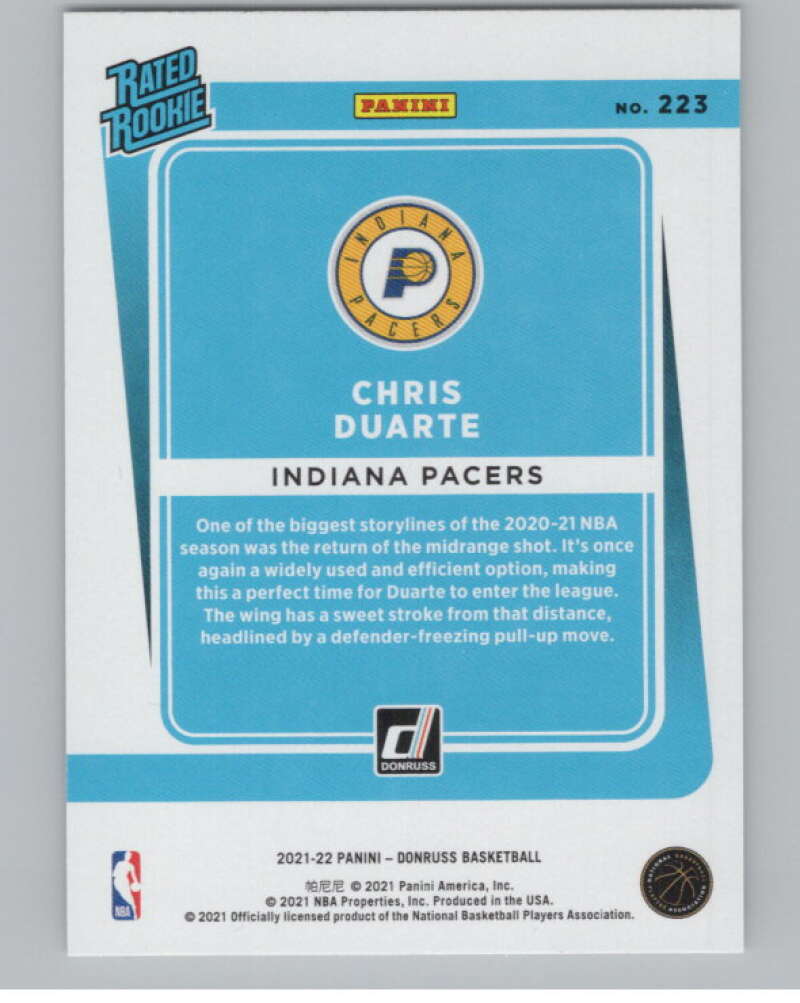 2021-22 Donruss #223 Chris Duarte Rated Rookies RC Rookie Pacers V104238 Image 2
