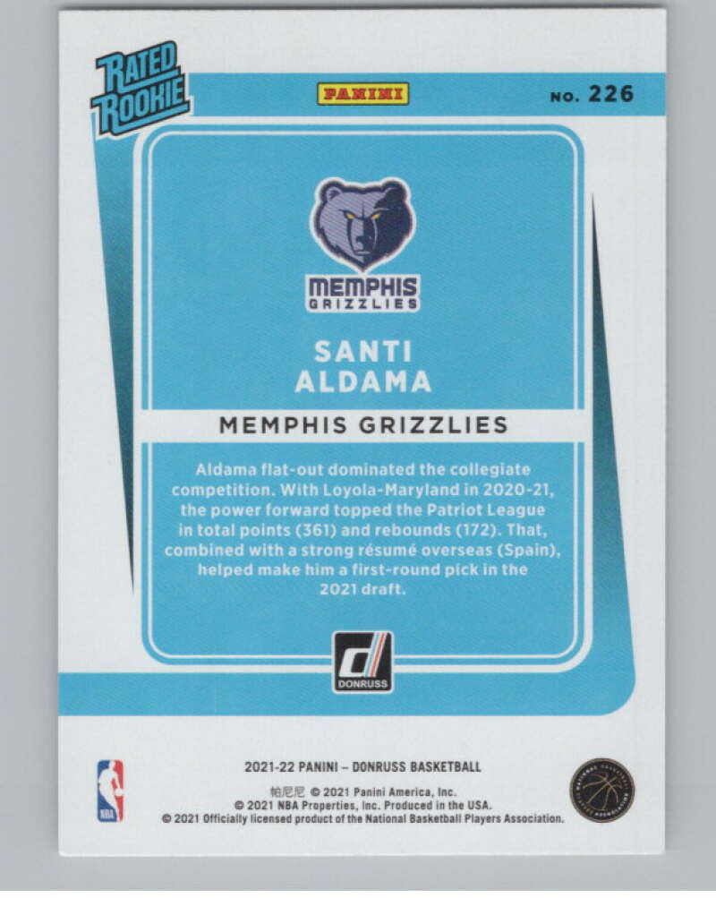 2021-22 Donruss #226 Santi Aldama Rated Rookies RC Rookie Grizzlies V104239 Image 2