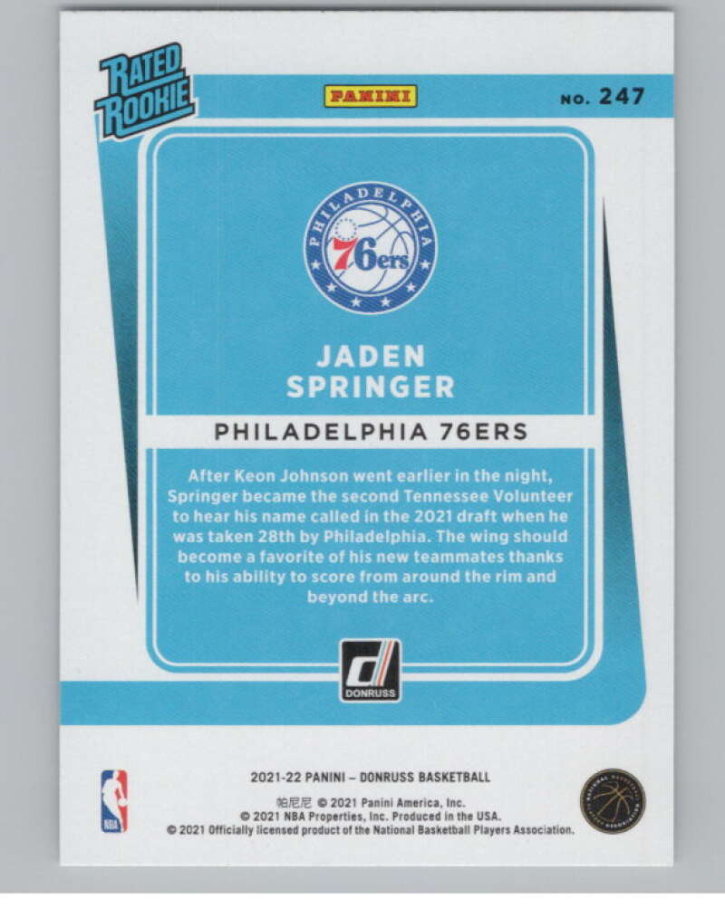 2021-22 Donruss #247 Jaden Springer Rated Rookies RC Rookie 76ers V104240 Image 2