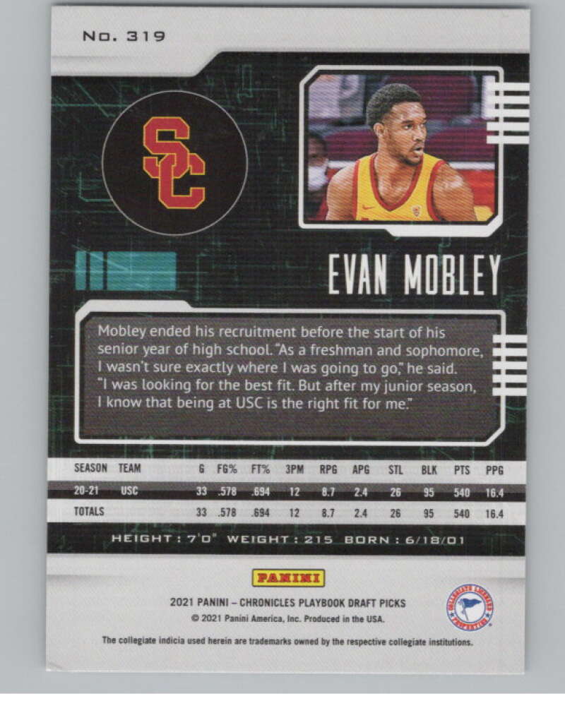 2021-22 Panini Chronicles Draft Picks Playbook #319 Evan Mobley USC V104243 Image 2