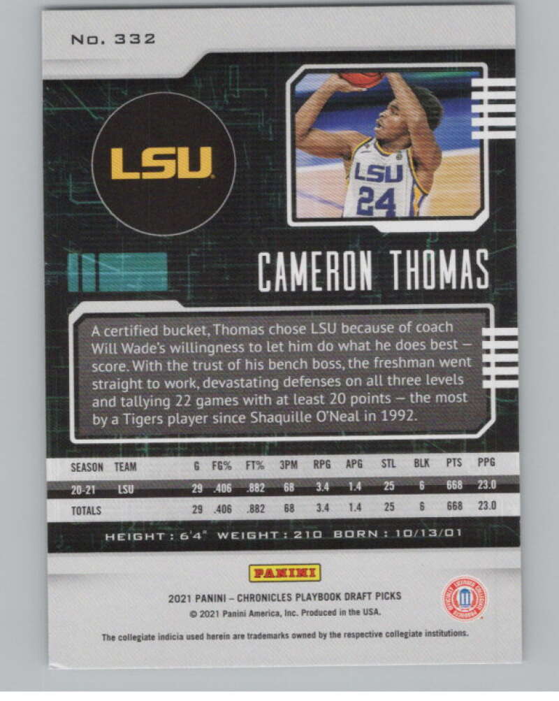 2021-22 Panini Chronicles Draft Picks Playbook #332 Cameron Thomas LSU V104251 Image 2