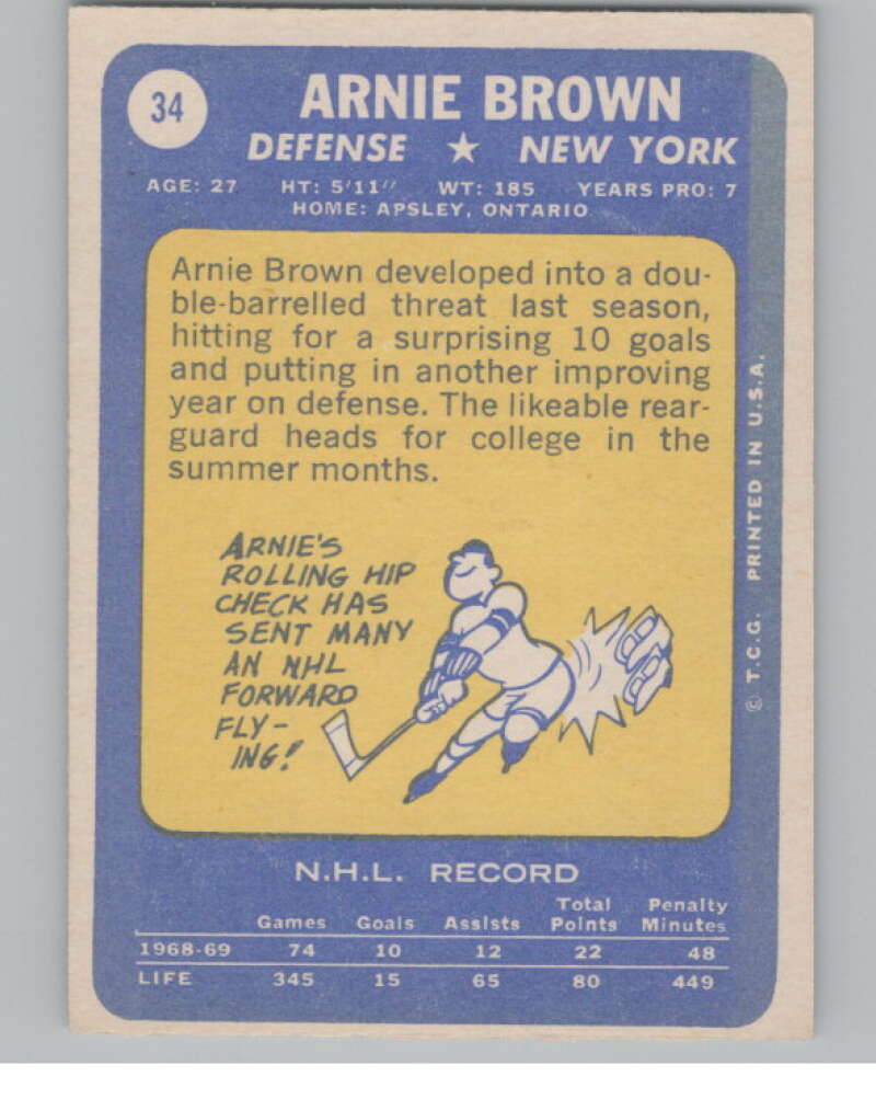 1969-70 Topps #34 Arnie Brown Hockey New York Rangers V104341 Image 2