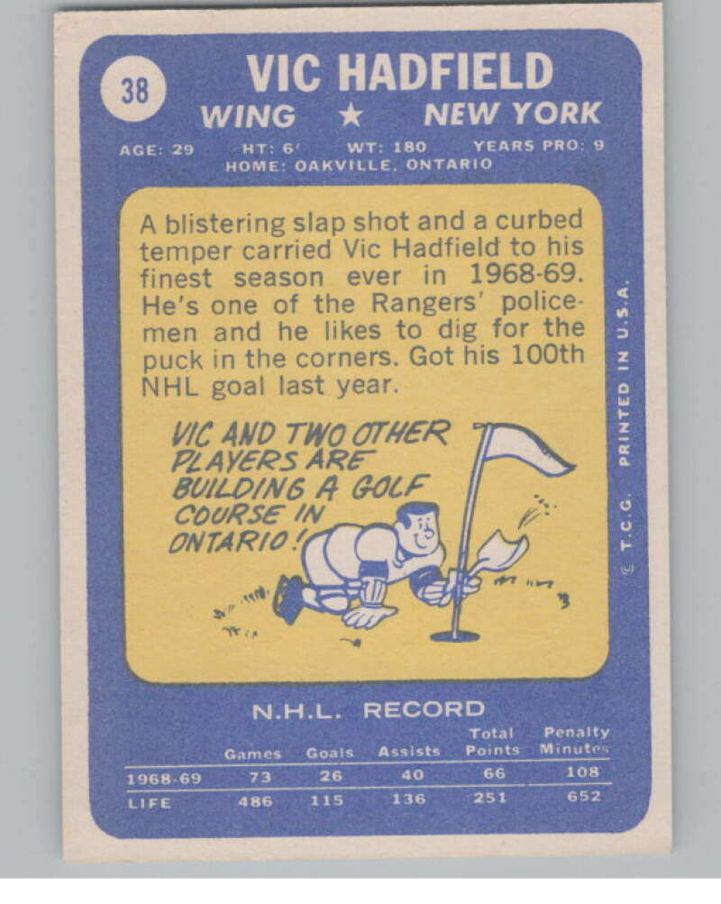 1969-70 Topps #38 Vic Hadfield Hockey New York Rangers V104342 Image 2