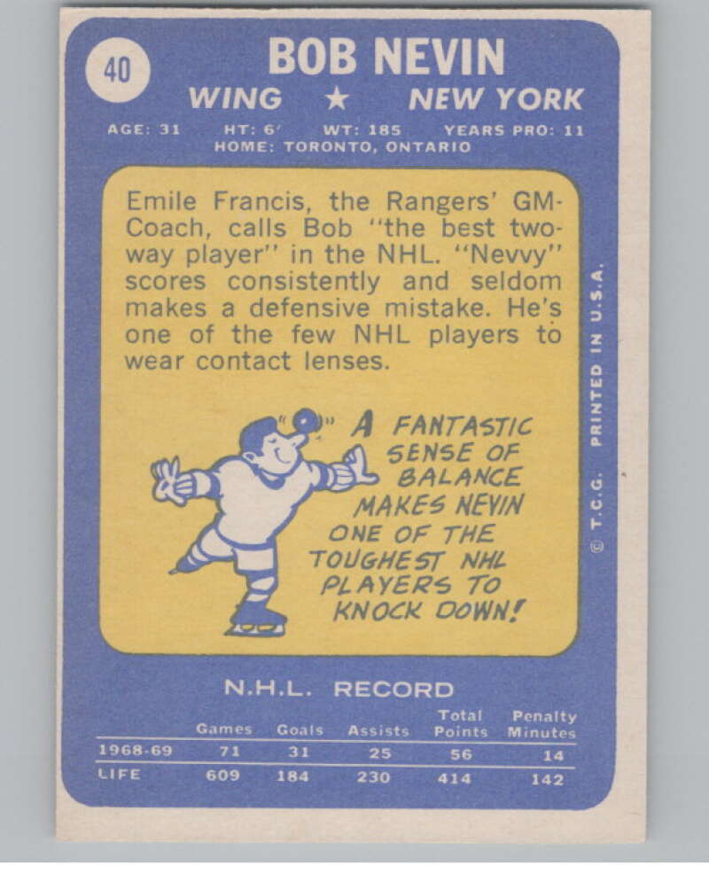 1969-70 Topps #40 Bob Nevin Hockey New York Rangers V104343 Image 2