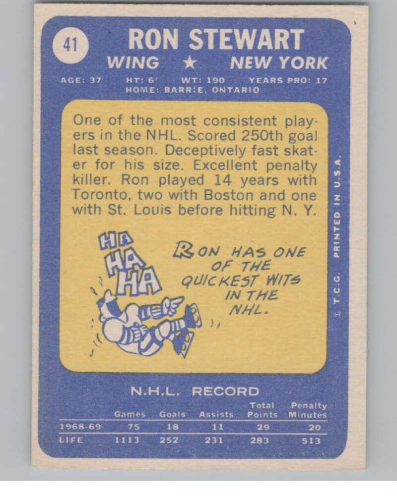 1969-70 Topps #41 Ron Stewart Hockey New York Rangers V104344 Image 2