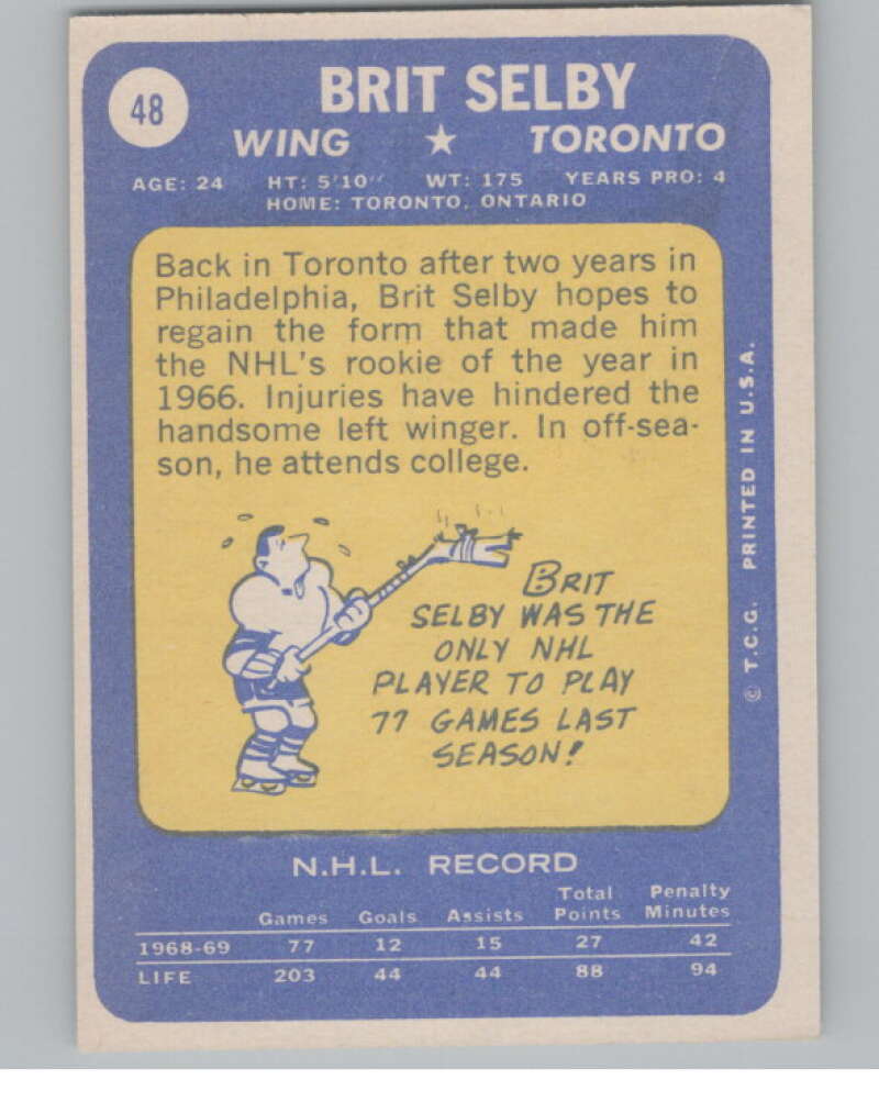 1969-70 Topps #48 Brit Selby Hockey Toronto Maple Leafs V104345 Image 2