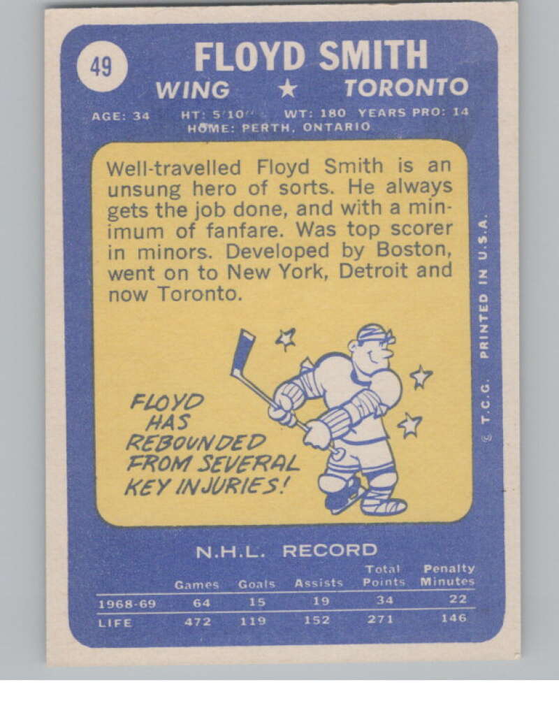 1969-70 Topps #49 Floyd Smith Hockey Toronto Maple Leafs V104346 Image 2